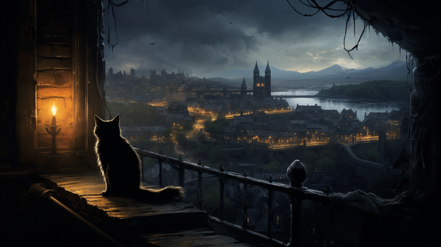 Black cat looking out of window at wizard school castle