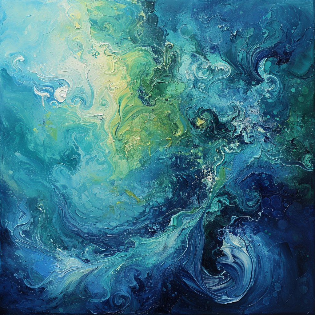 Abstract painting with blue and green swirls