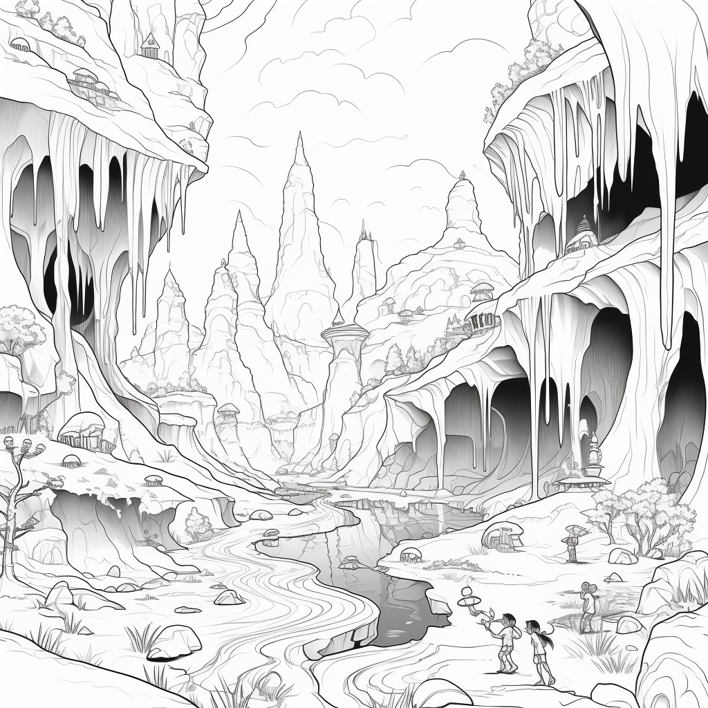 Cartoon style witch exploration in magical canyon