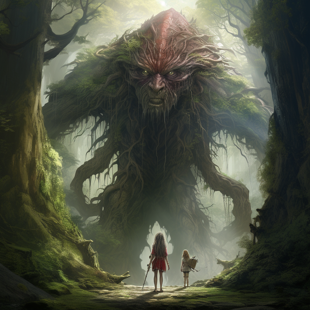 Giant in enchanting forest with girl