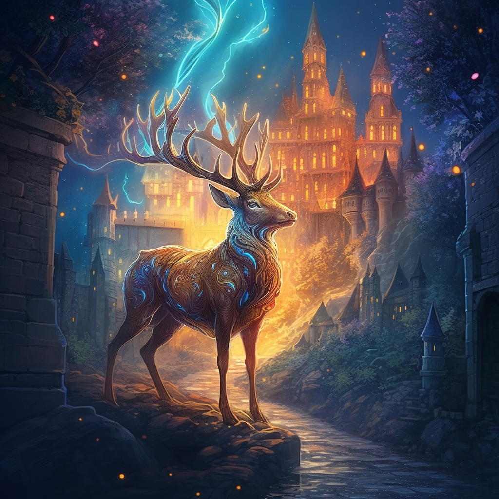 Glowing magical holy deer building fantasy wall