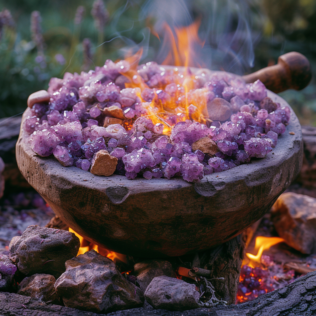 Magical Witch Amethyst Crystals in Woods with Cauldron