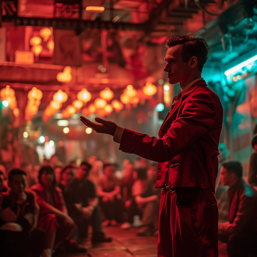 Magician performing street magic in cyberpunk setting