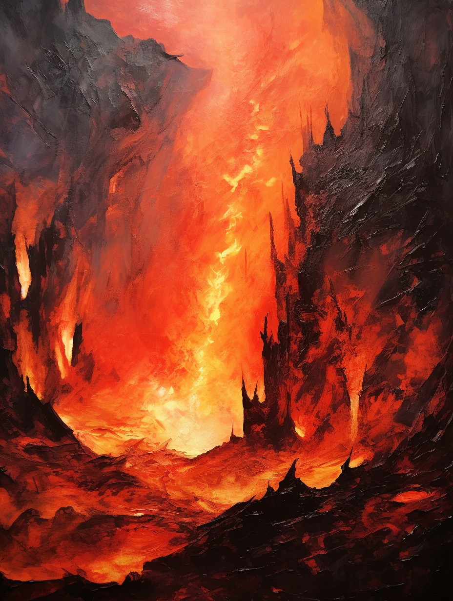 Acrylic painting of magma cavern forge