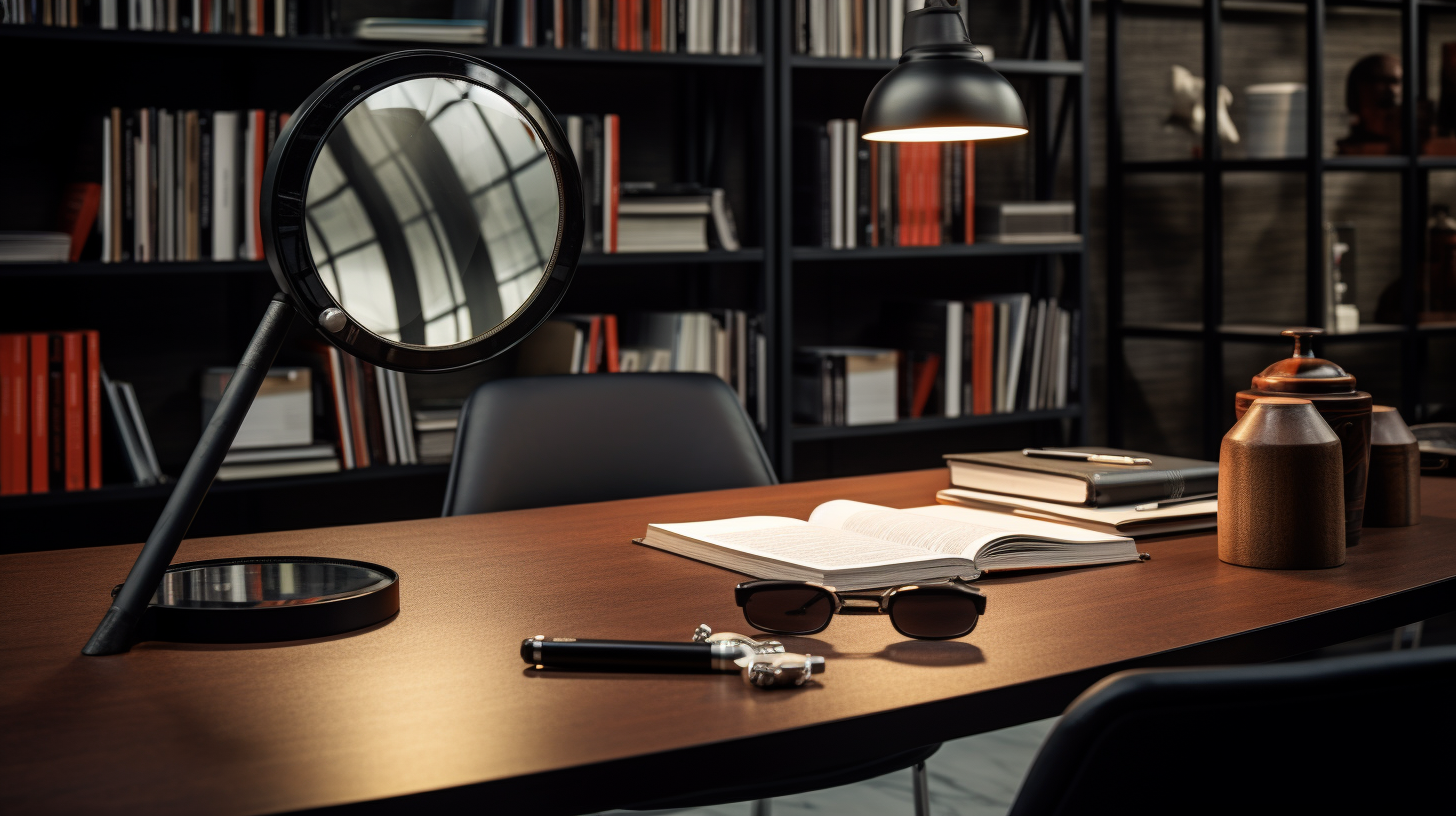 Black modern office with magnifying glass