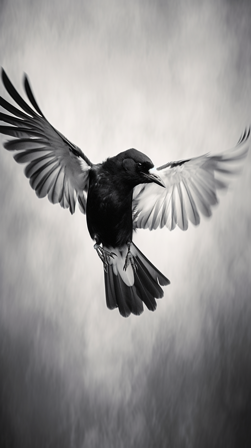 Magpie Flying in Black and White