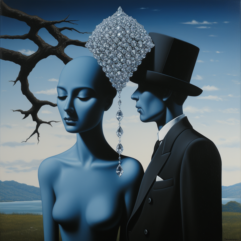 René Magritte's The Lovers with blue gems