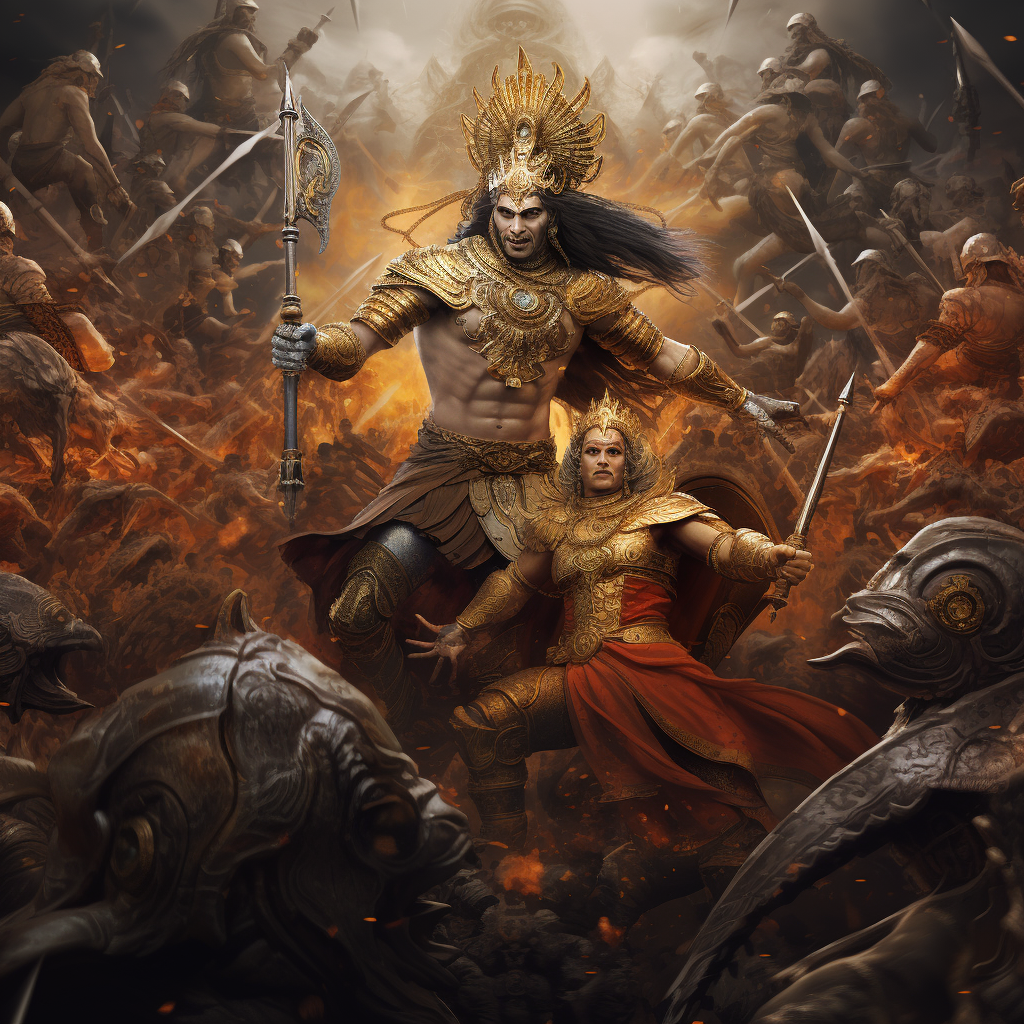 Krishna battling in epic Mahabharat scene