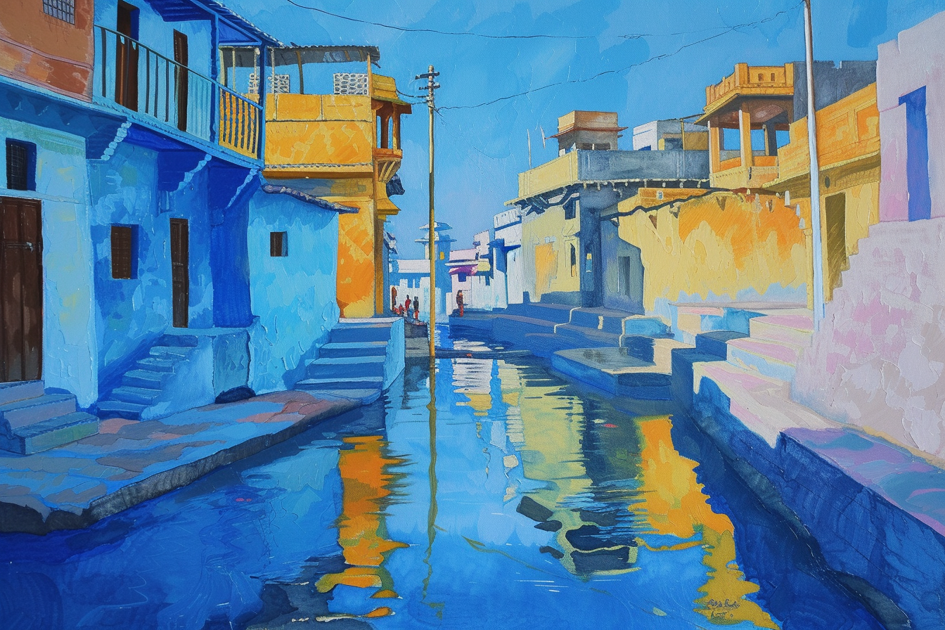 Painting of Mahasthangarh with Blue Sky and Joyful Colors