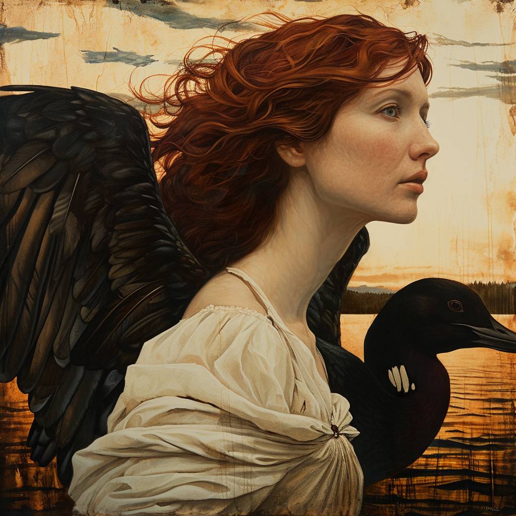 Majestic Mahogany-Haired Female Angel with Loon's Wings