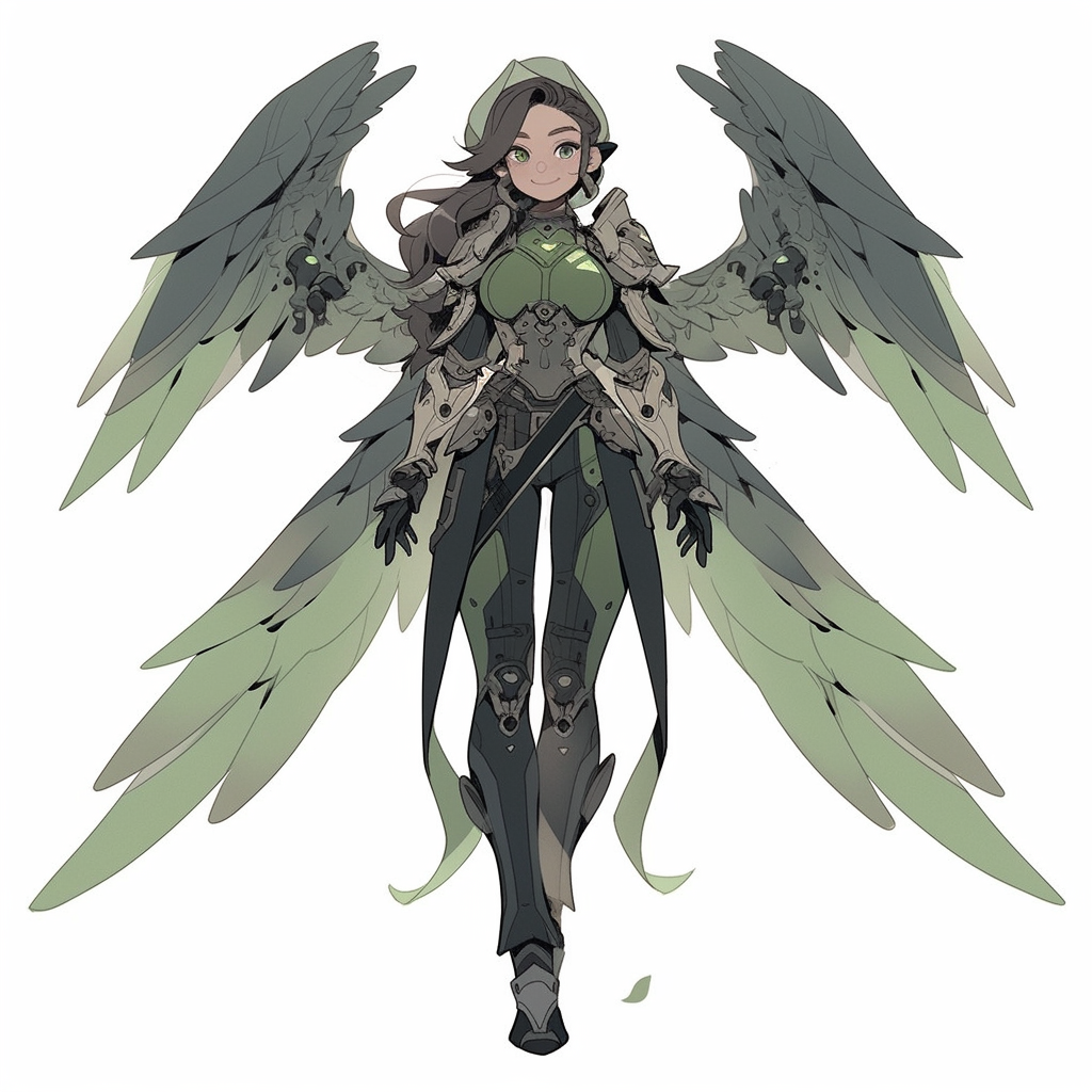 Beautiful angel with loon's wings in grey armor