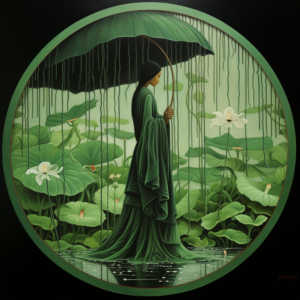 Maiden in Spring Rain on Green Background with Lotus Leaf