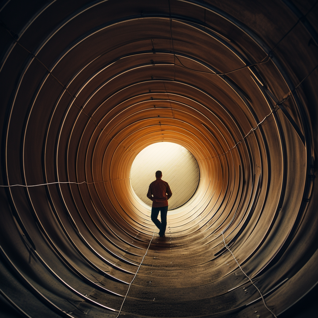 Maintenance worker climbing into giant pipe