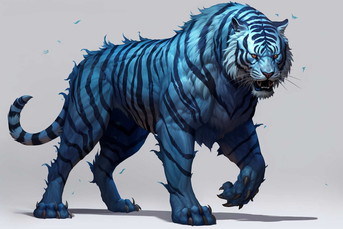 Majestic blue tiger game character in Ben Specklin art style