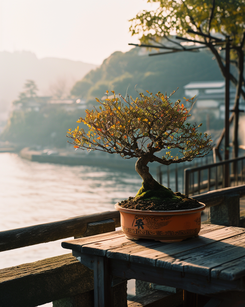 Majestic bonsai tree in orange pot