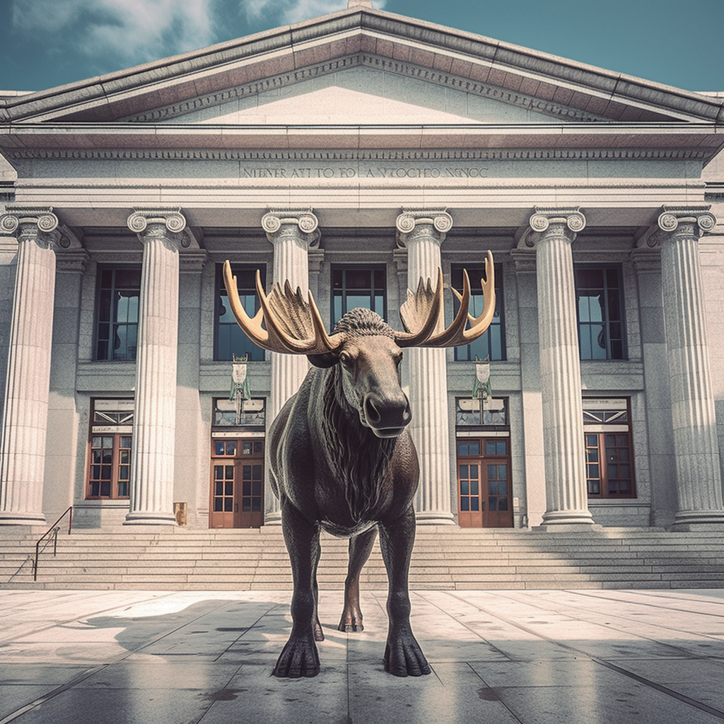 Majestic Bull Moose in front of Government Building