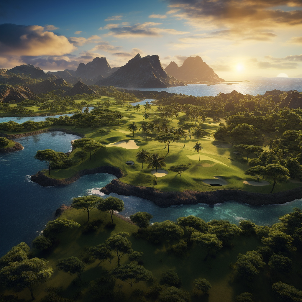 Aerial view of majestic golf course island