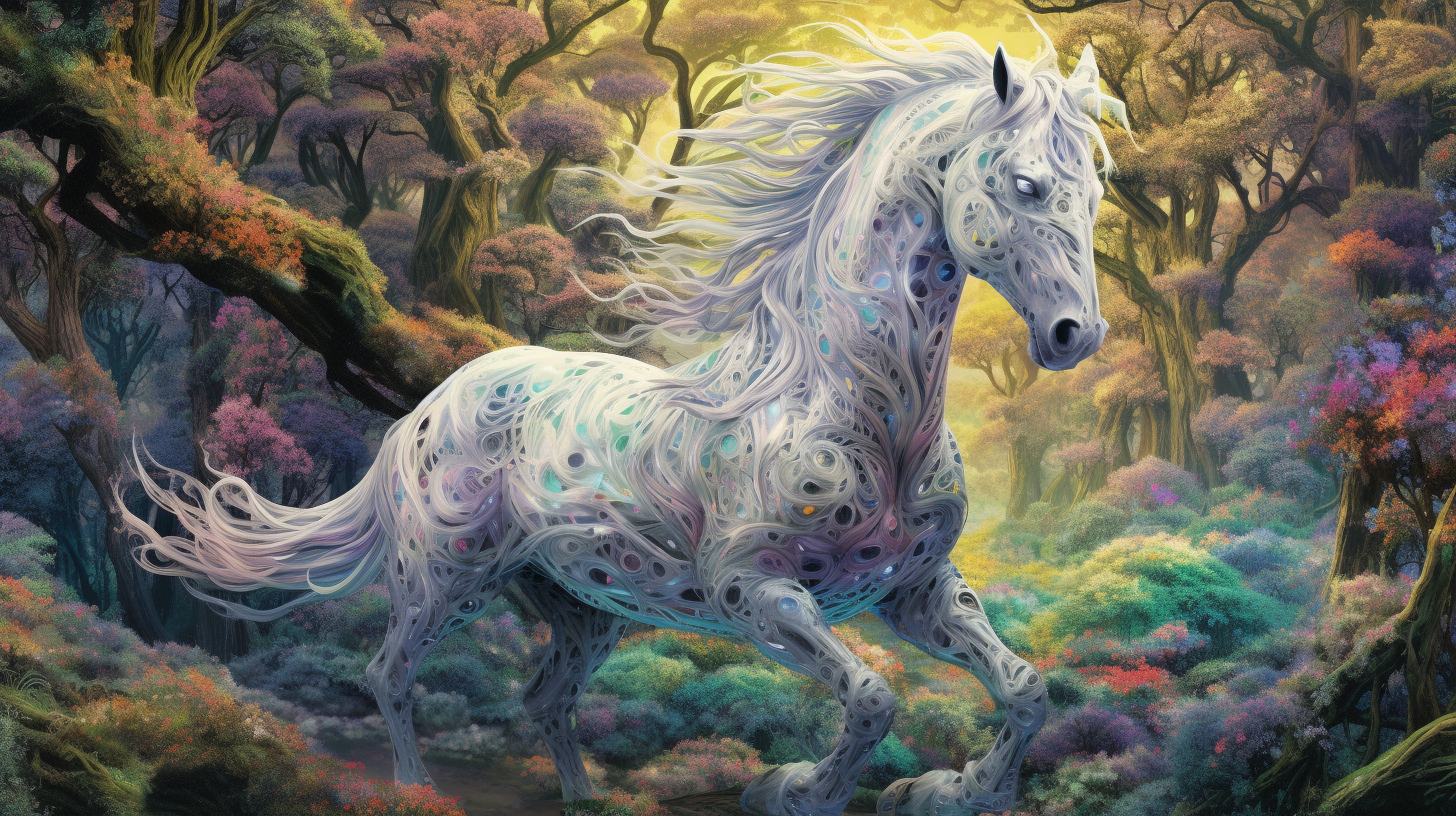 Photorealistic line drawing of a majestic horse in a magical setting