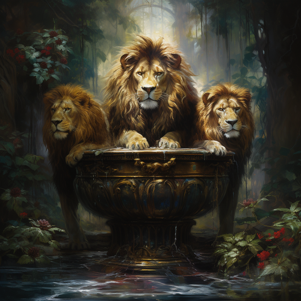 Majestic jungle lions with gold coins