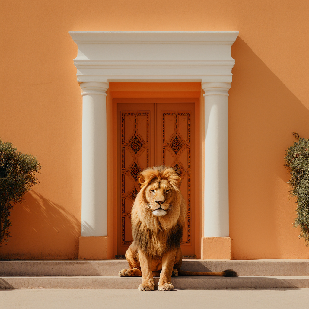 Majestic orange lion in front of home