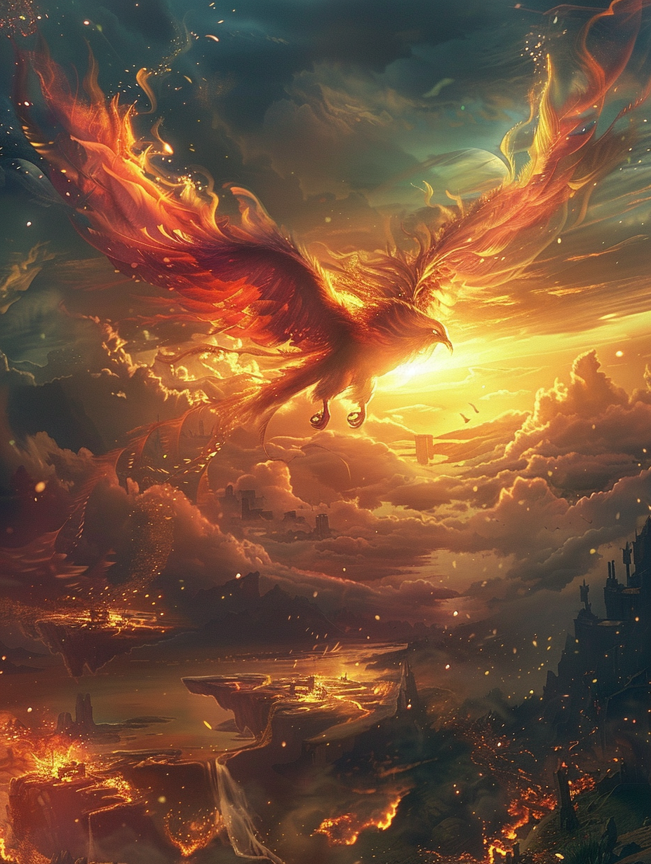 Fiery Phoenix Sunset Wings Spread