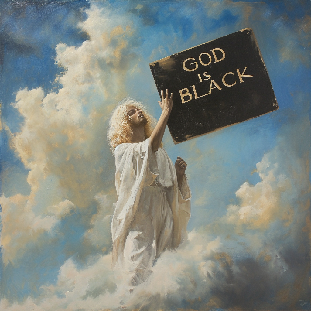 Image of majestic white blonde Jesus holding a sign