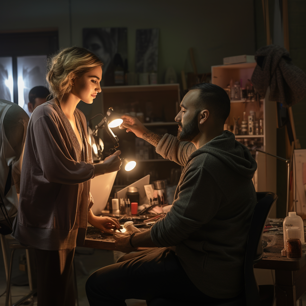 Professional makeup artist with client in studio