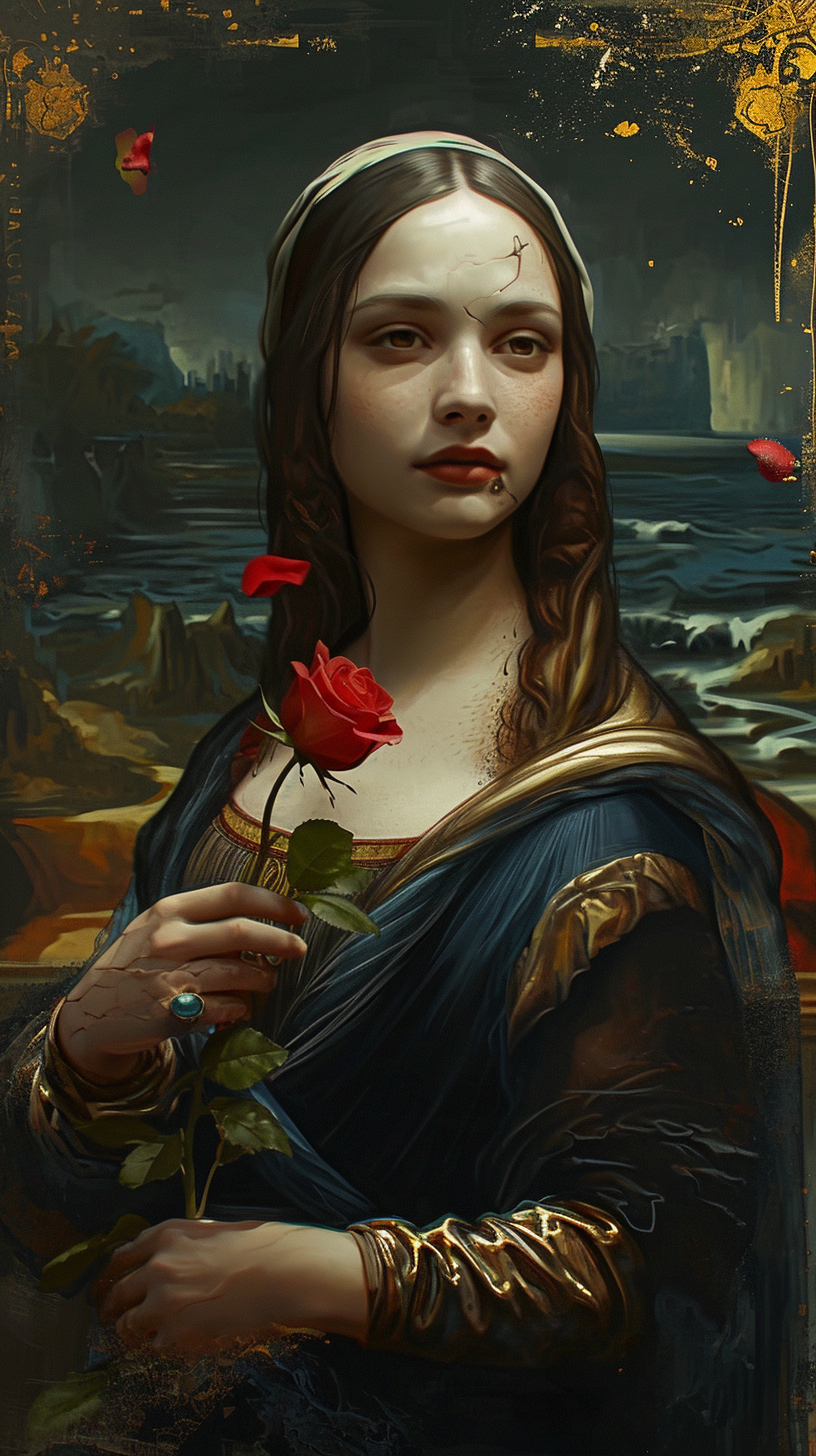 Portrait of Makima holding a rose in Da Vinci style