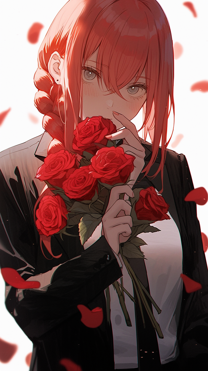 Makima holding a rose in anime style