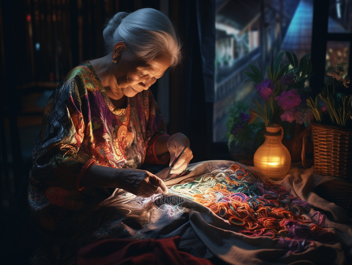 Malay Grandma Embroidering at Night