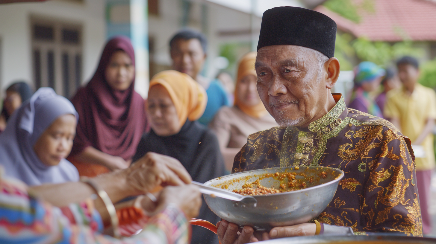 Malay man scooping porridge at food donation