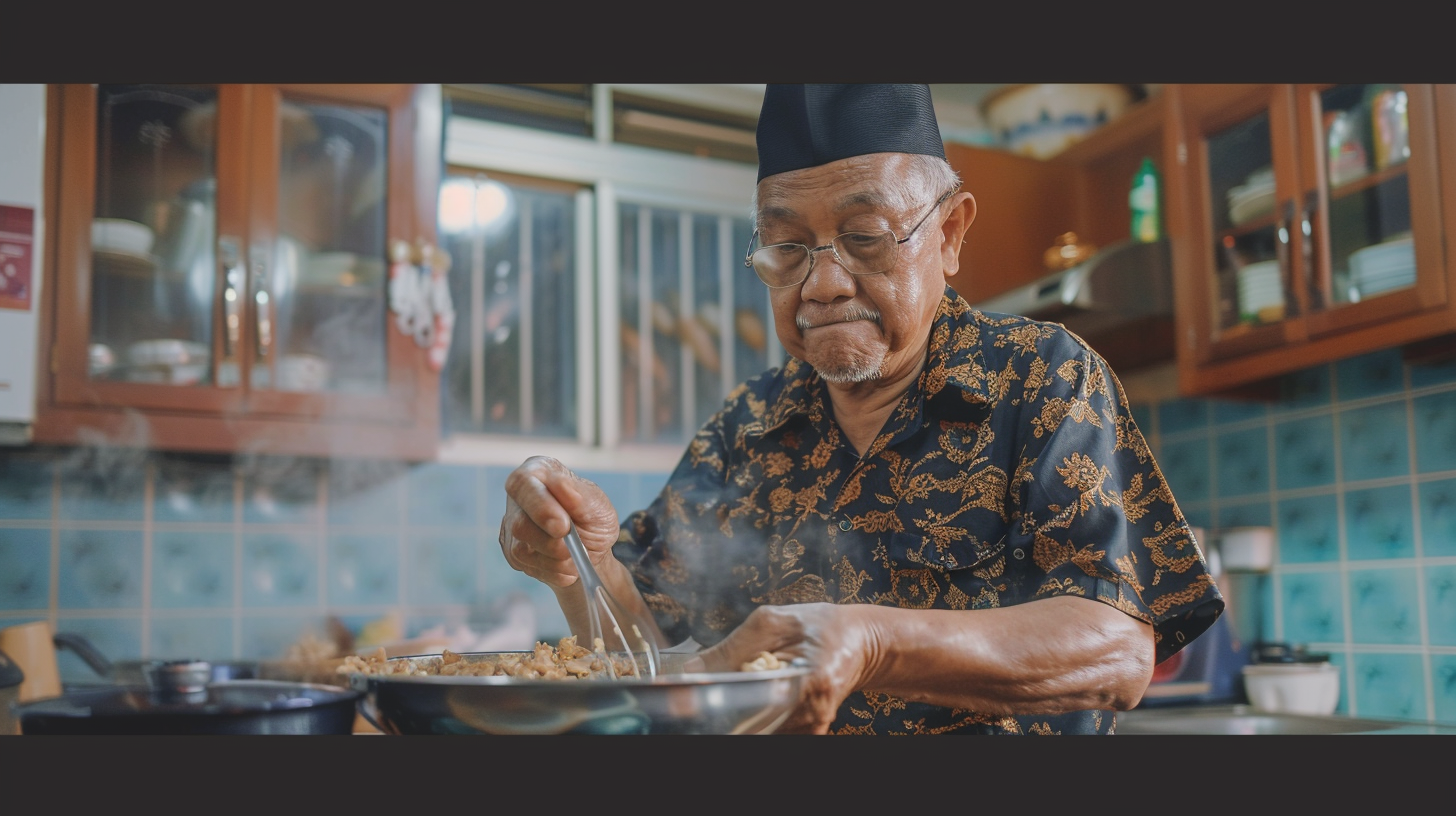 Malay man scooping porridge indoors