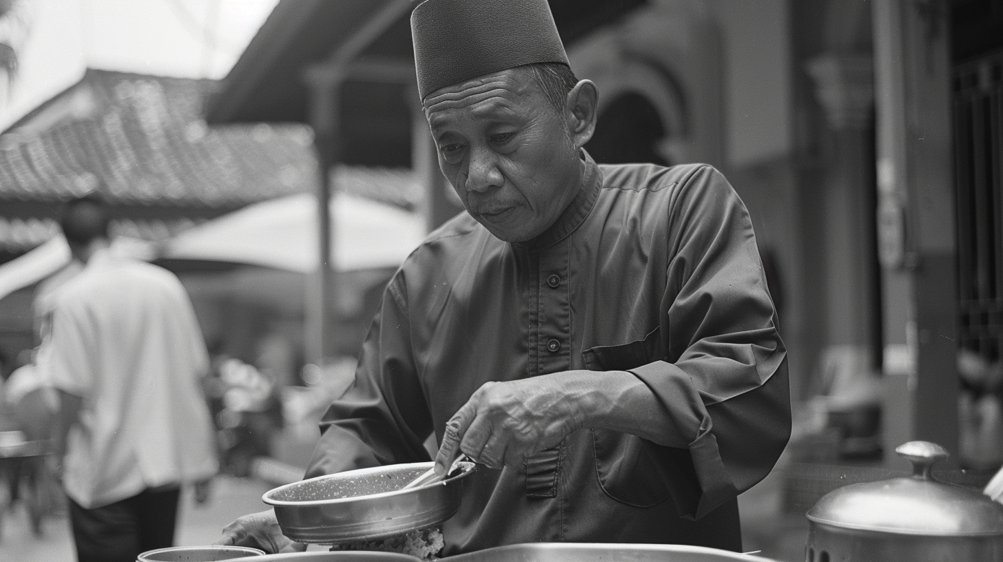 Malay man scooping porridge mosque