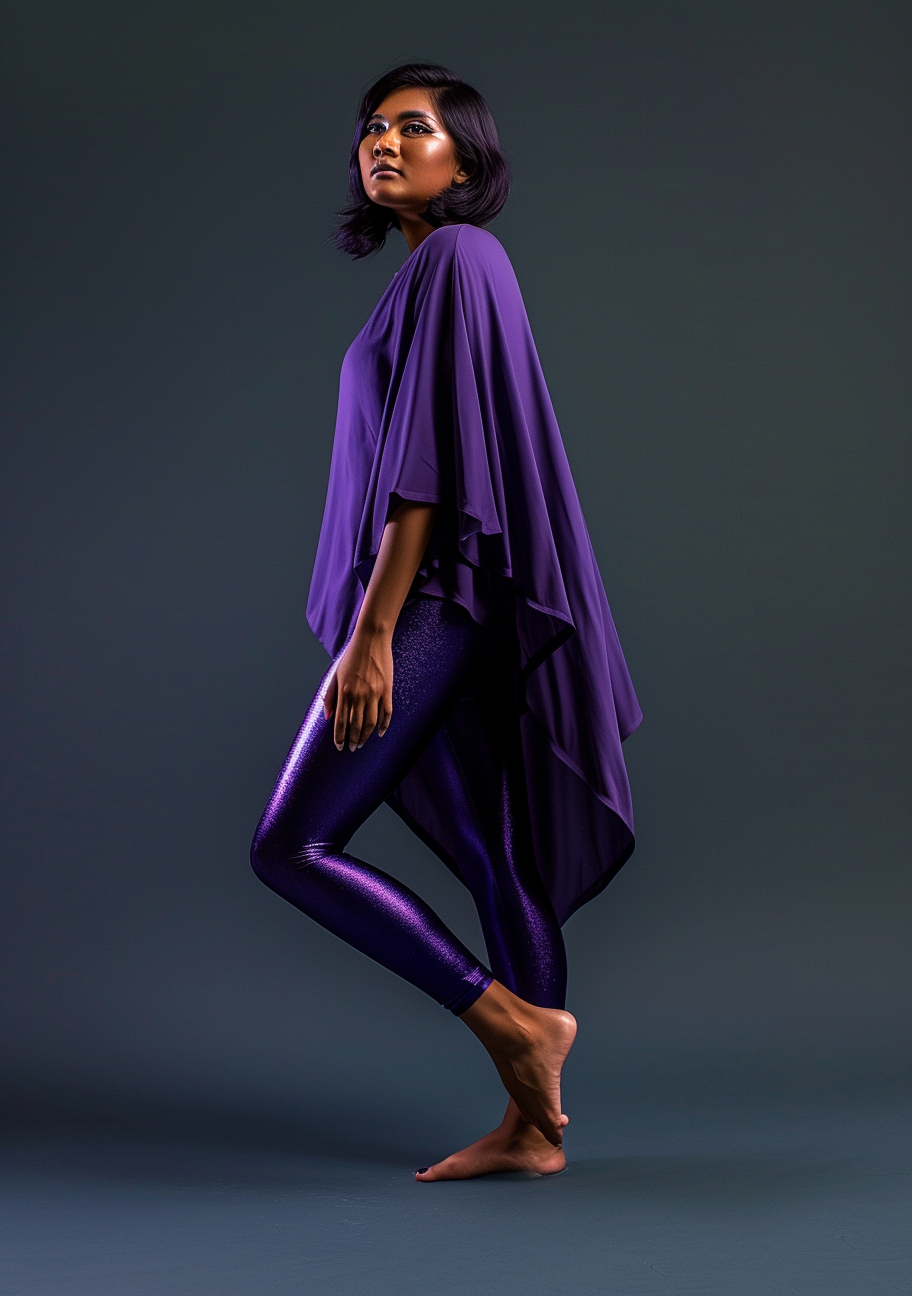 Malay-Singaporean supermodel in purple leggings and kaftan