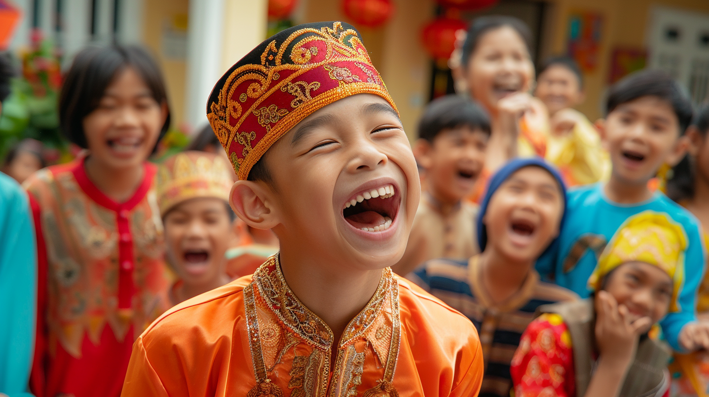 Malay teenage boy laughing with friends