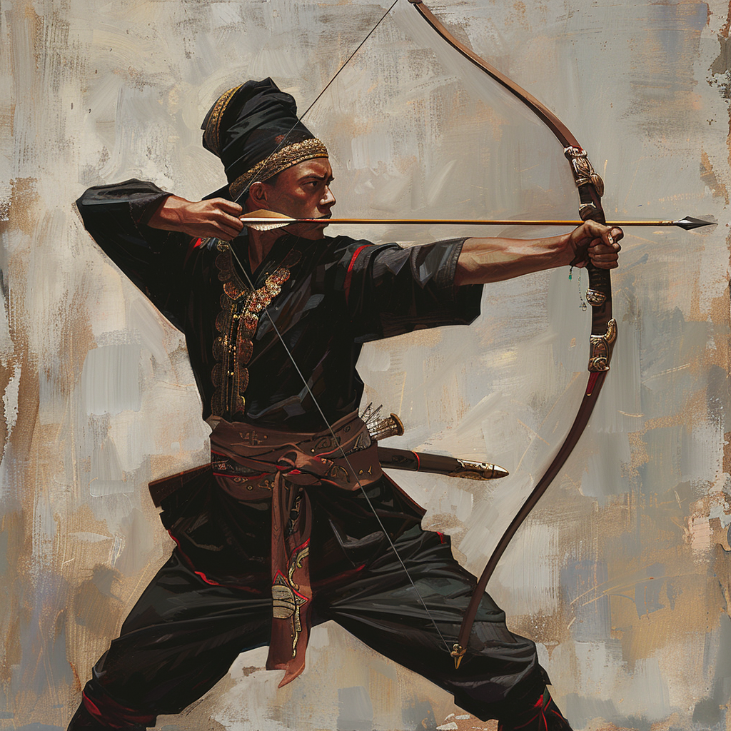 Malay warrior in black archery pose