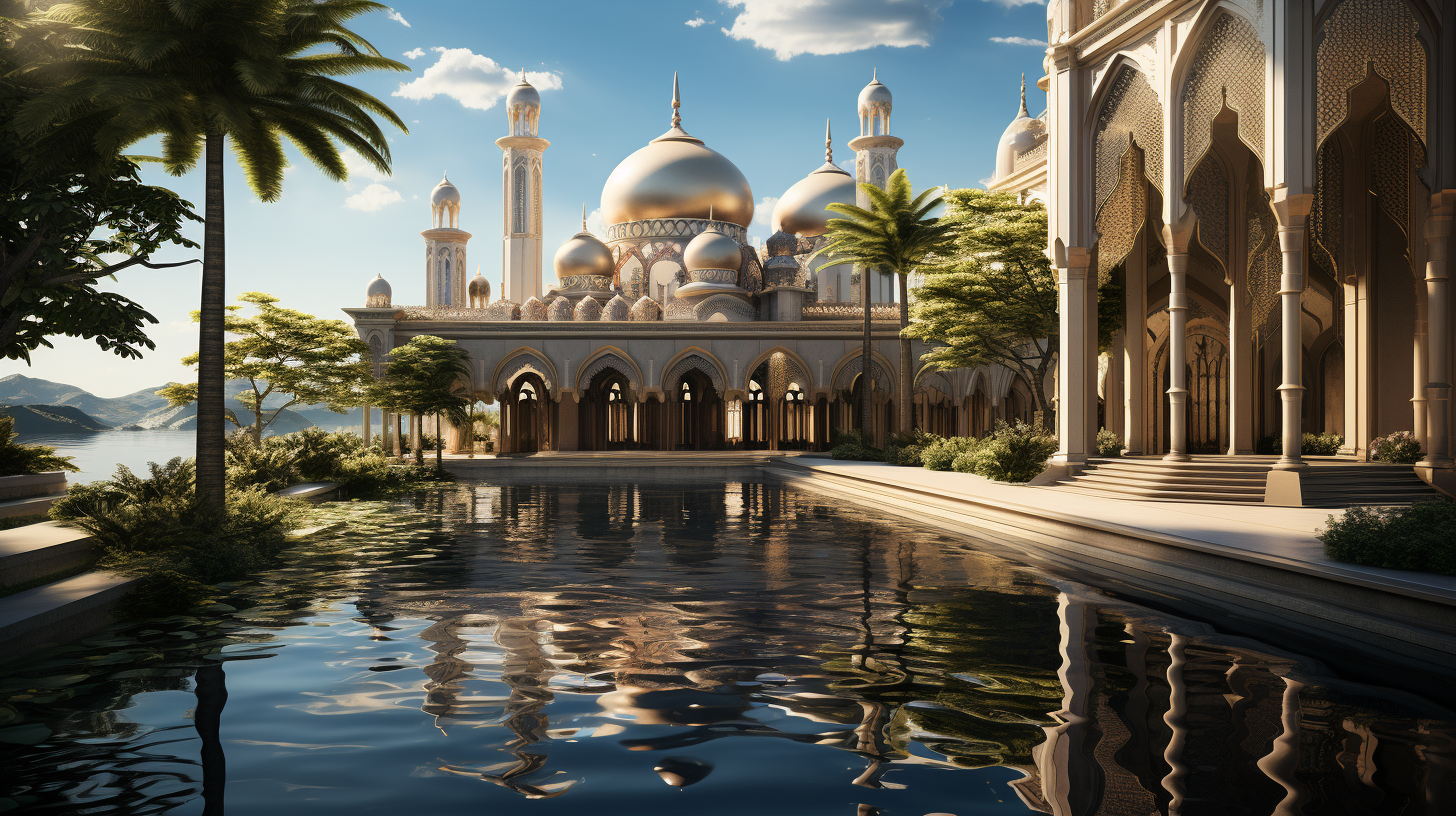 Malay mosque facing sea with retail and plants