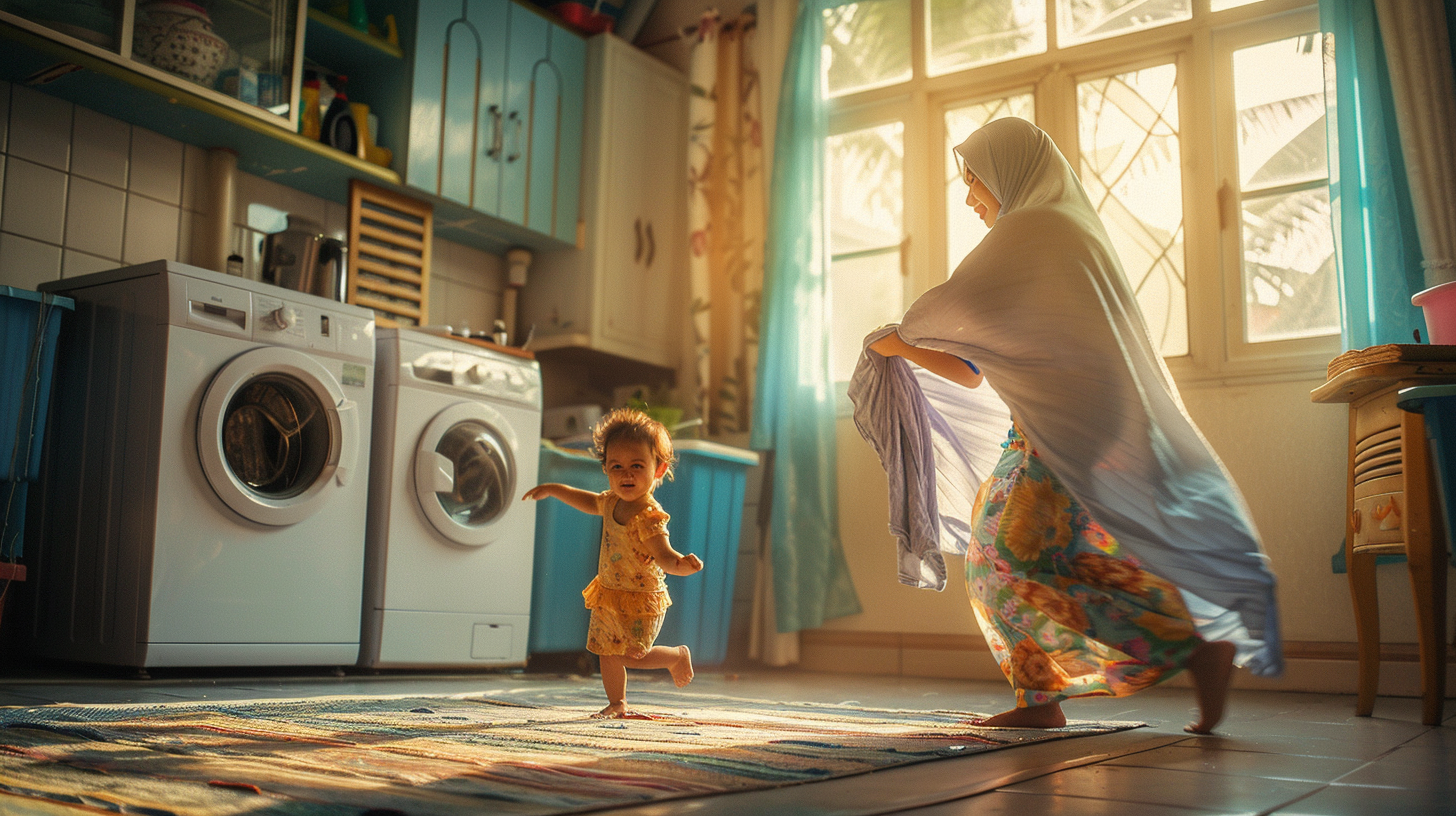 Malaysia Muslim Mother Daughter Laundry