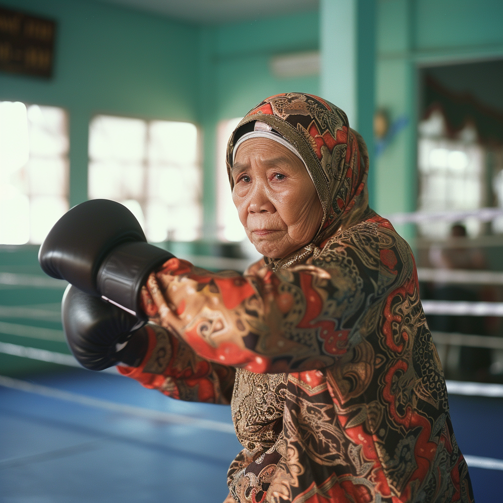 Malaysian Hijabi Grandmother Practicing Muay Thai