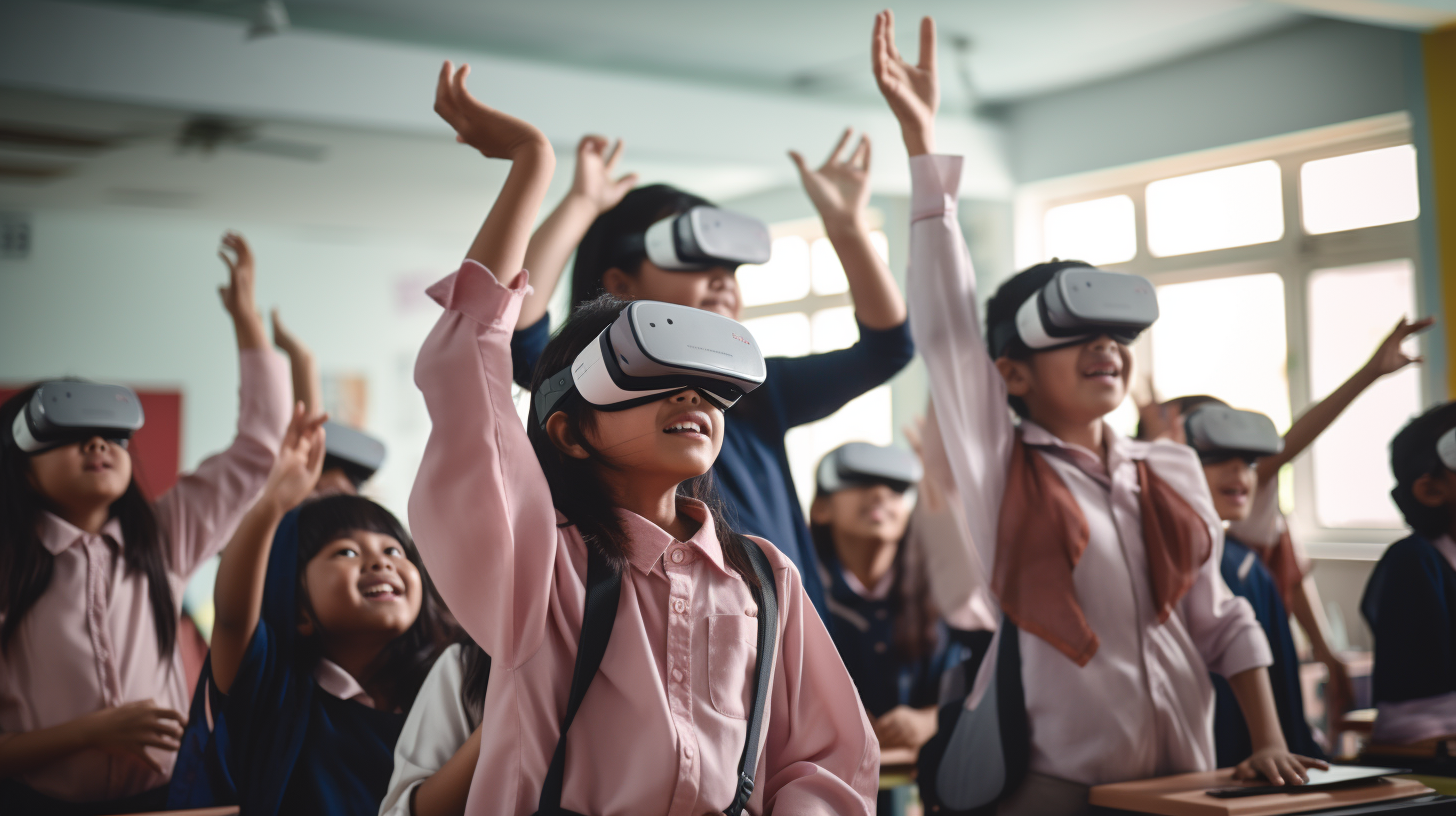 Malaysian kids experiencing virtual reality in classroom