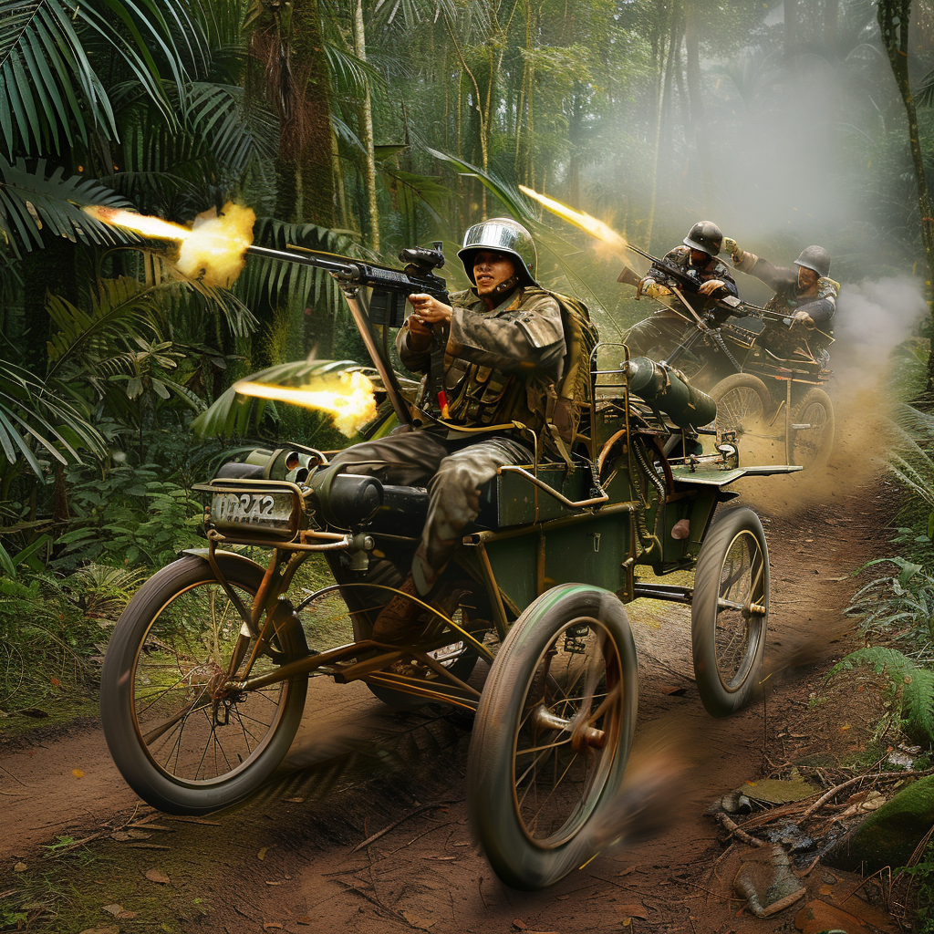 Malaysian Militias Firing from Modified Military Combat Rickshaw with Sidecar