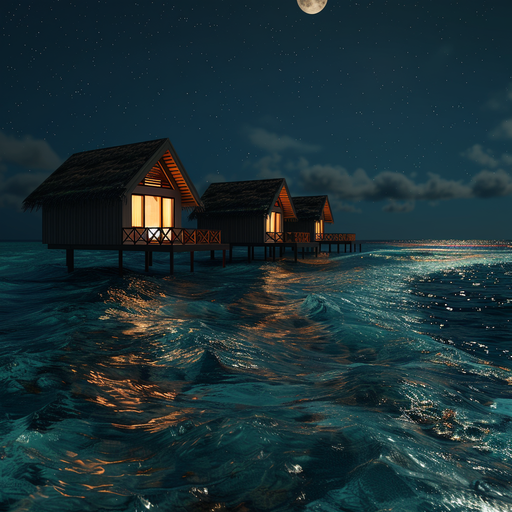 Maldives huts night sea moonlight