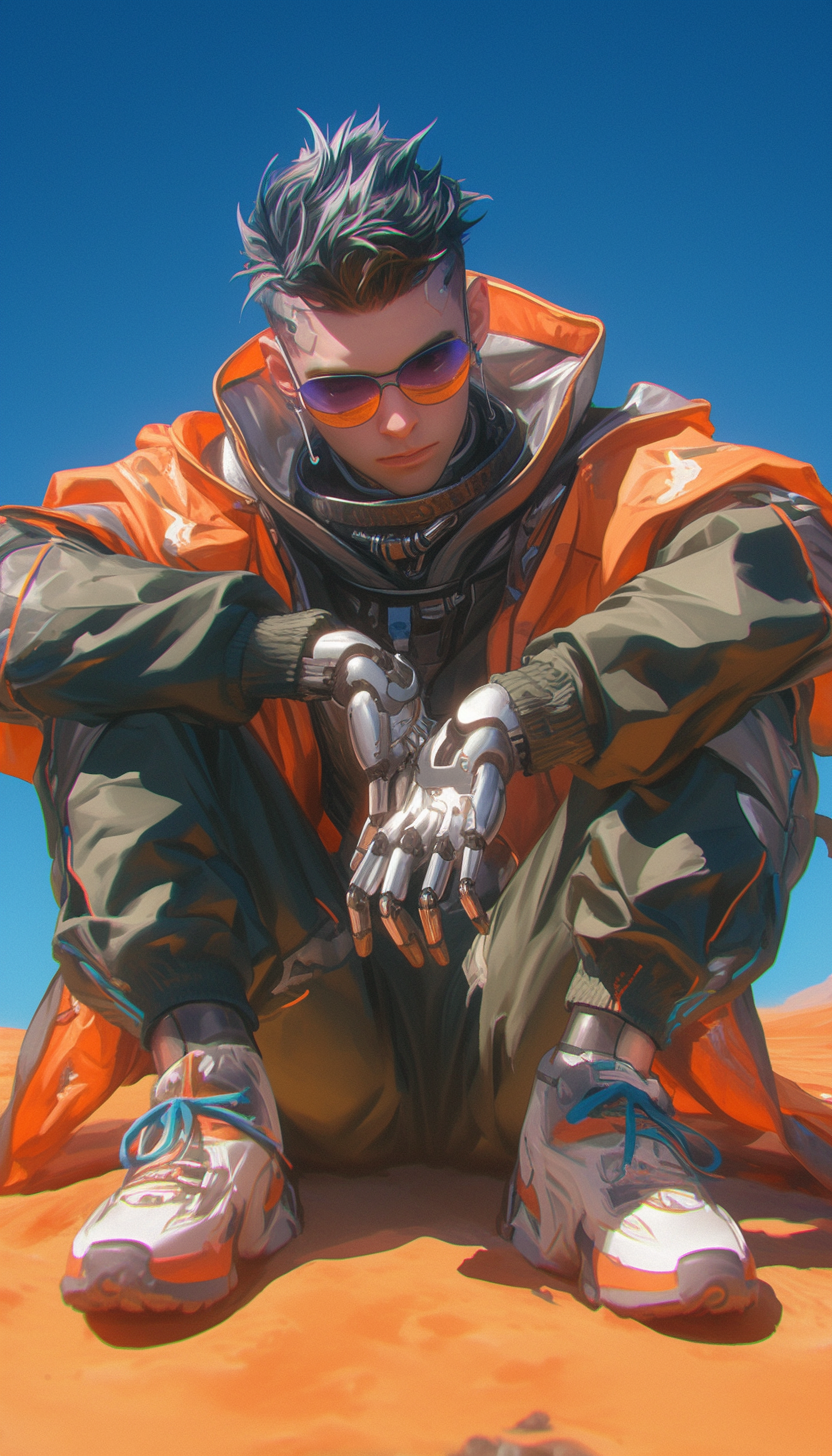 Male android sitting in cyberpunk desert