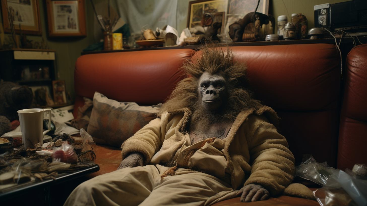 Male with Ape Head lying on couch