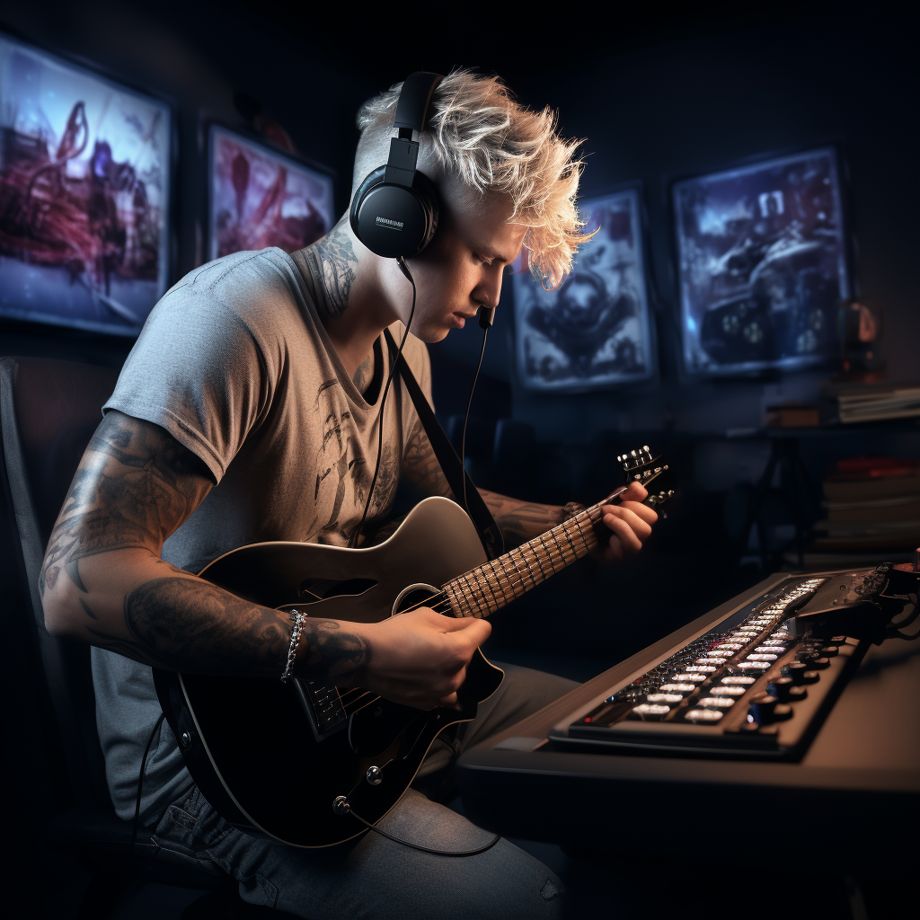 Man with Blonde Hair and Tattoos Recording Music in VR