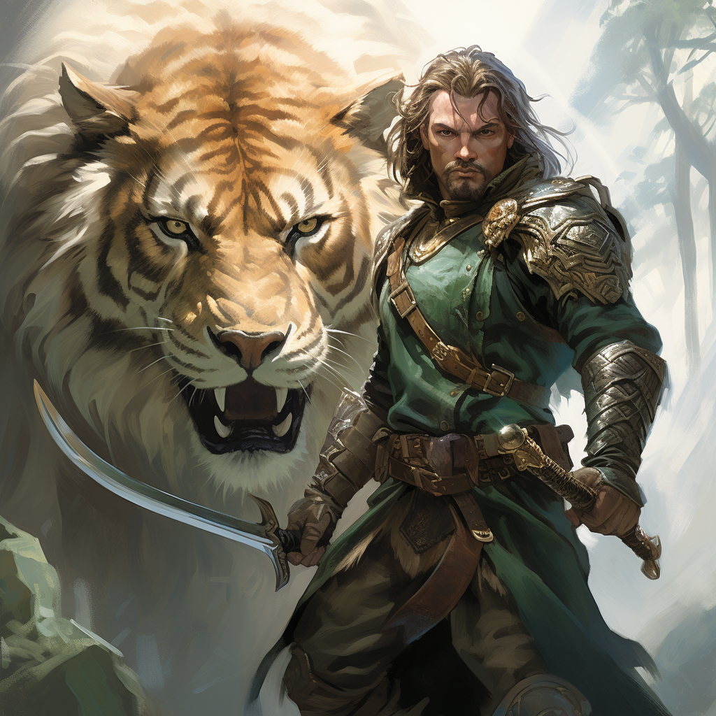 Fearless ranger wields sword with smilodon companion