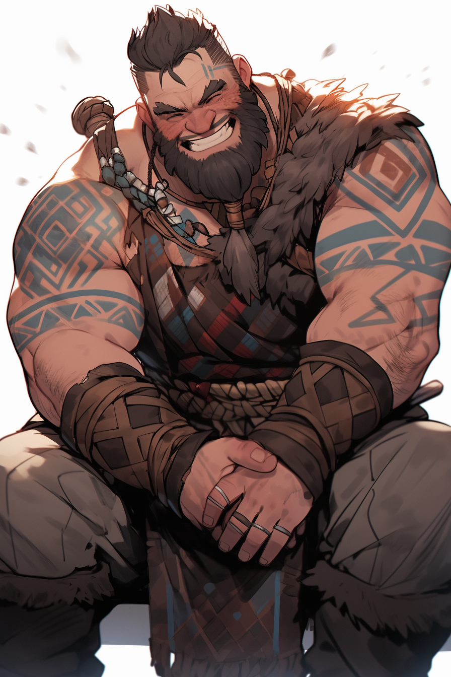 Happy male dwarf viking character with messy hair