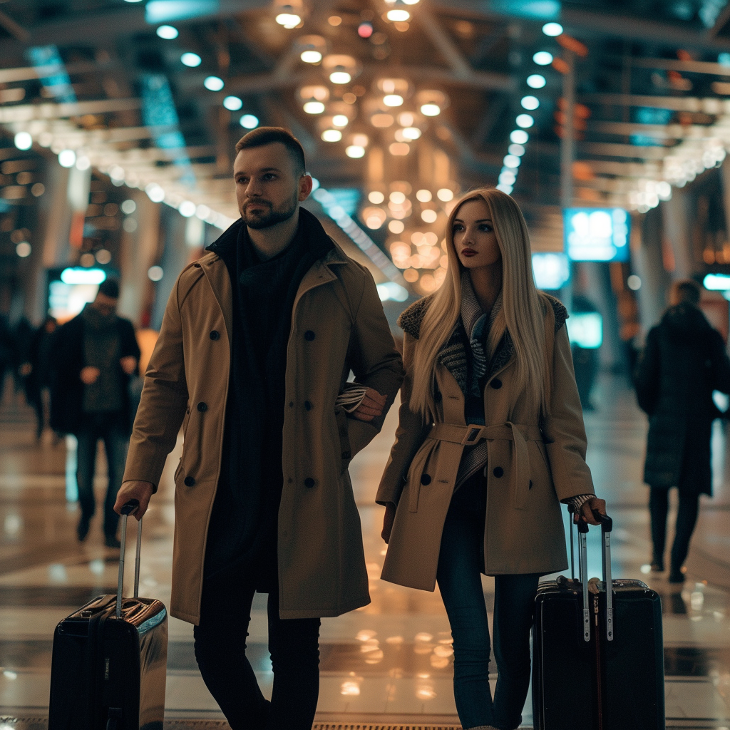 Male entrepreneur and blonde girl with suitcases at Vnukovo Airport