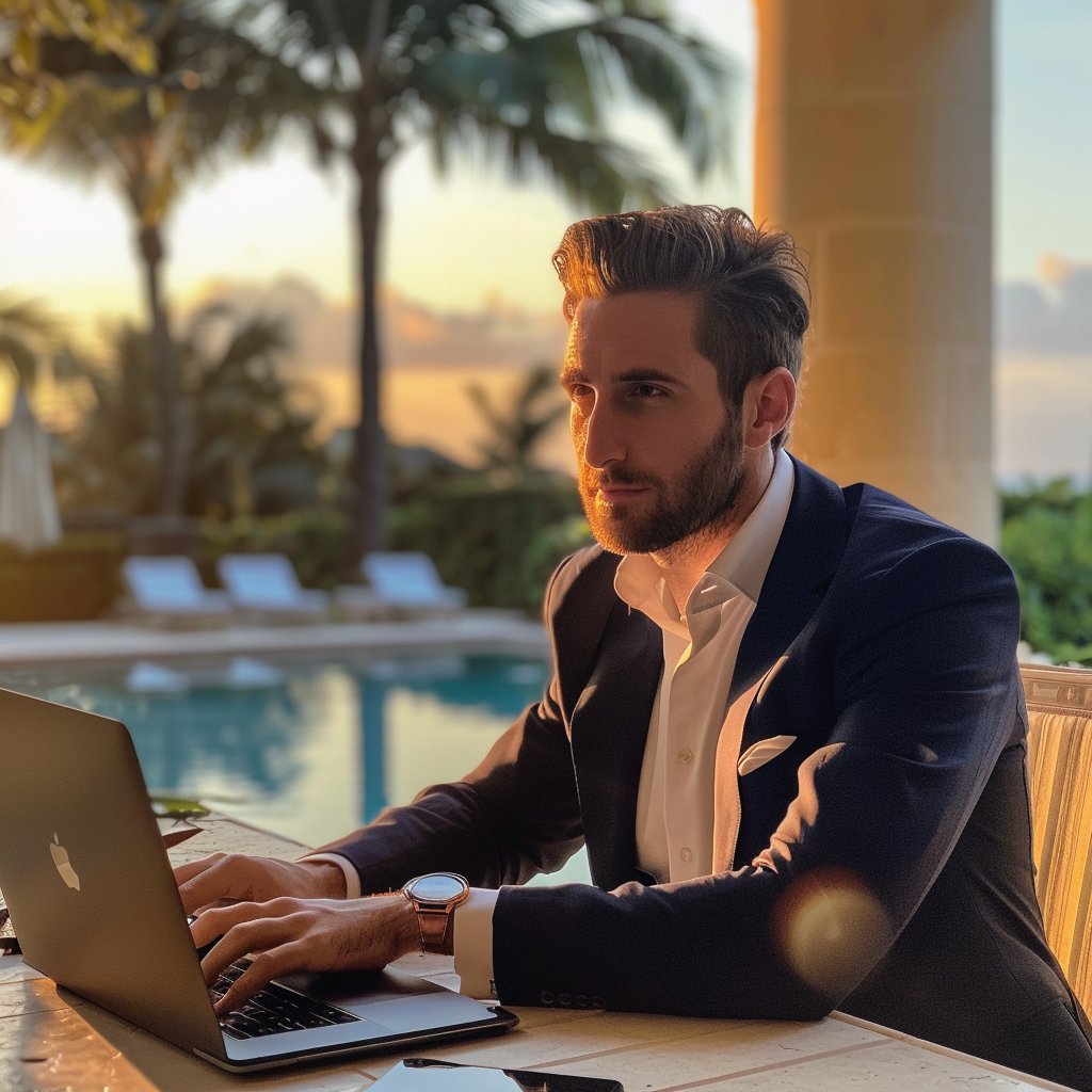 male entrepreneur working at luxury resort