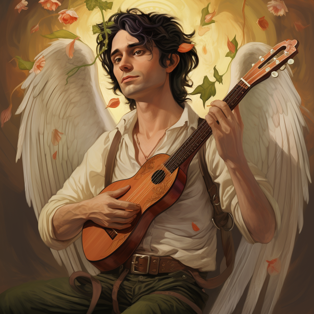 Male fairy with bird wings holding a lute